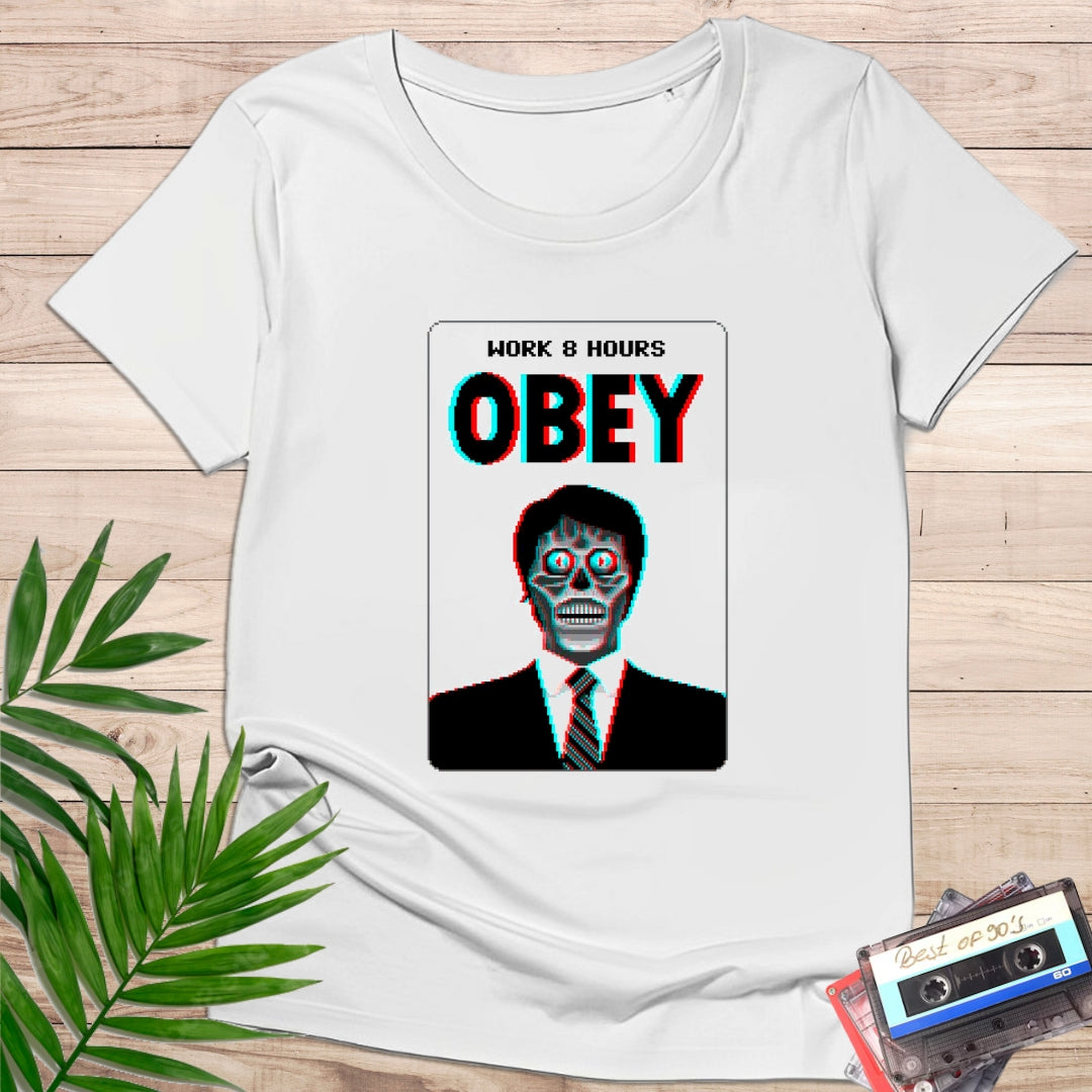Camiseta "OBEY – Work 8 Hours" – They Live Glitch Retro