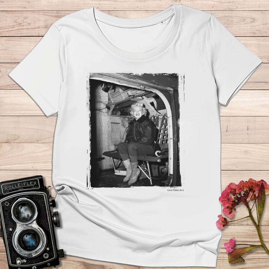 camiseta Camiseta Marilyn Monroe en Helicóptero – Fotografía Vintage en Blanco y Negro – Algodón 190g
