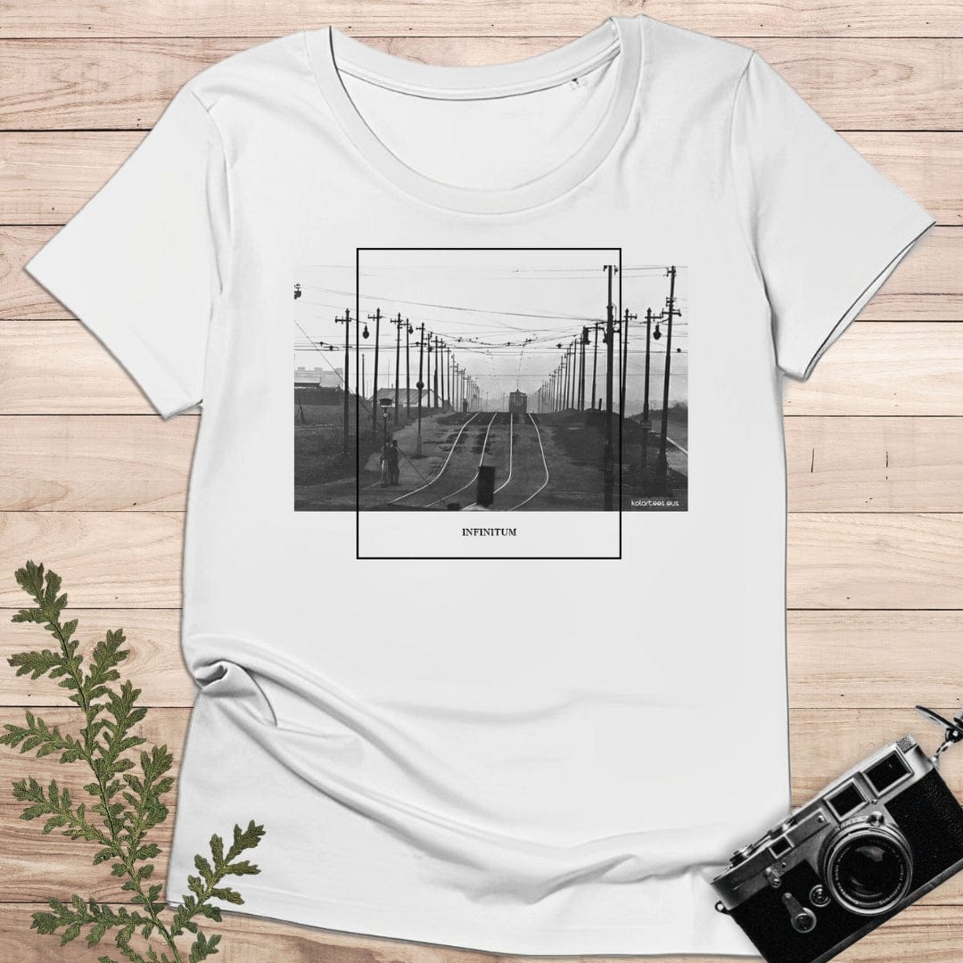 camiseta Camiseta Vías de Tren al Infinito – Fotografía Vintage en Blanco y Negro – Algodón 190g