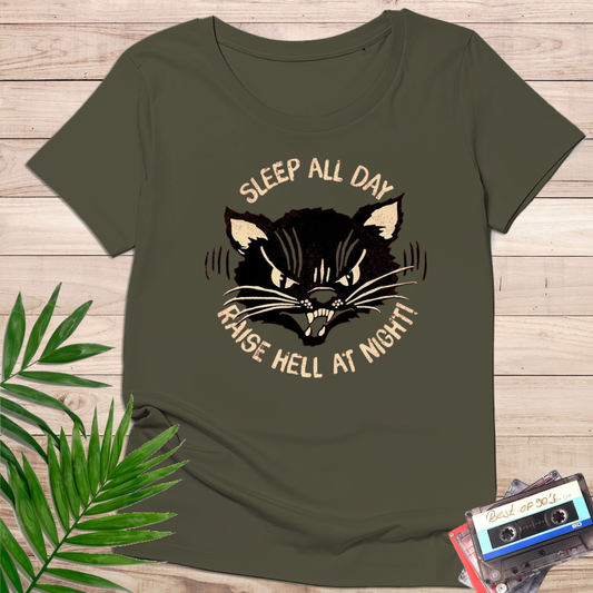 Camiseta "Sleep All Day, Raise Hell at Night" – Gato Rebelde Retro - KolorTees