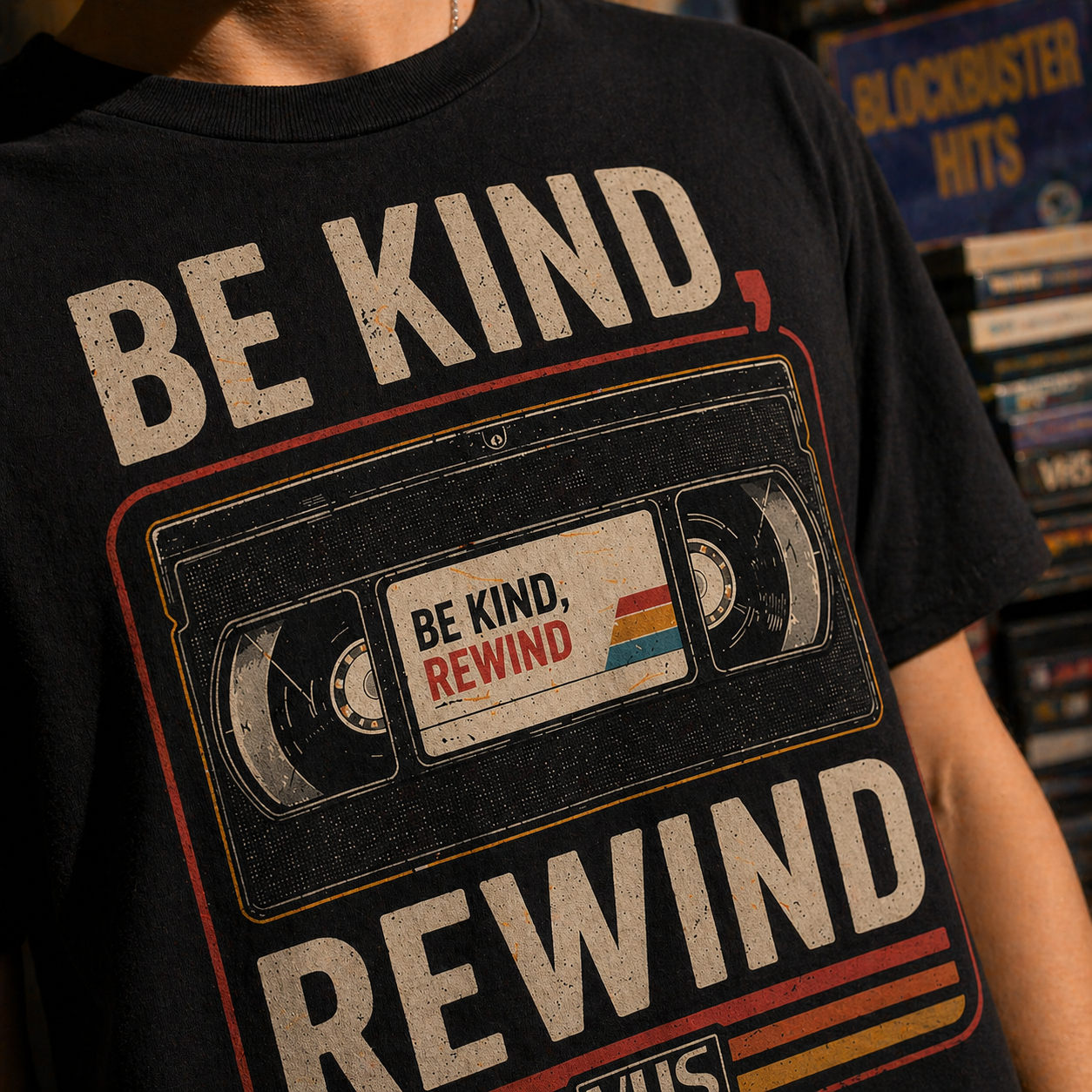 Be Kind Rewind VHS graphic t-shirt close up detail