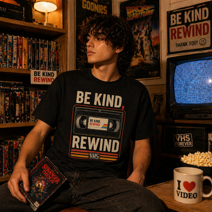 Be Kind Rewind vintage VHS shirt indoor retro room