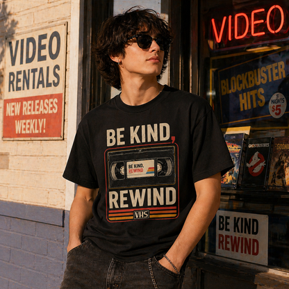 Be Kind Rewind retro VHS t-shirt outdoor lifestyle