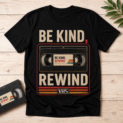 Be Kind Rewind retro VHS black t-shirt flat lay