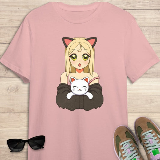 Camiseta de manga corta Anime Girl with cat