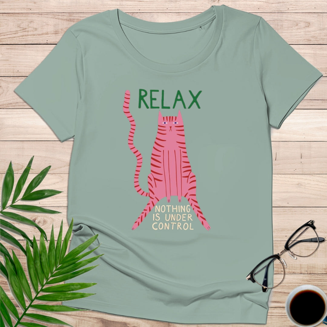 Camiseta "Relax – Nothing Is Under Control" – Gato Rosa Irónico