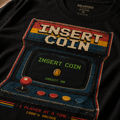 Insert Coin arcade graphic t-shirt detail