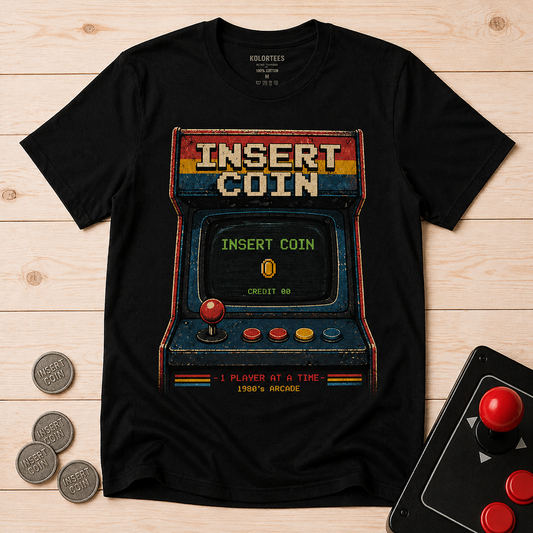 Insert Coin retro arcade black t-shirt