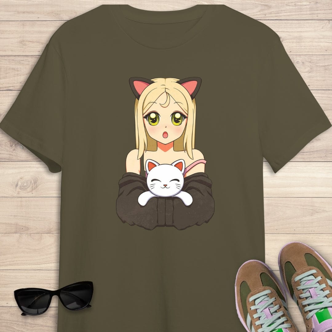 camiseta Camiseta de manga corta Anime Girl with cat