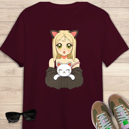 camiseta Camiseta de manga corta Anime Girl with cat