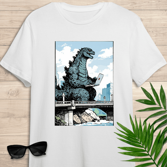 Camiseta de manga corta Godzilla con su portátil