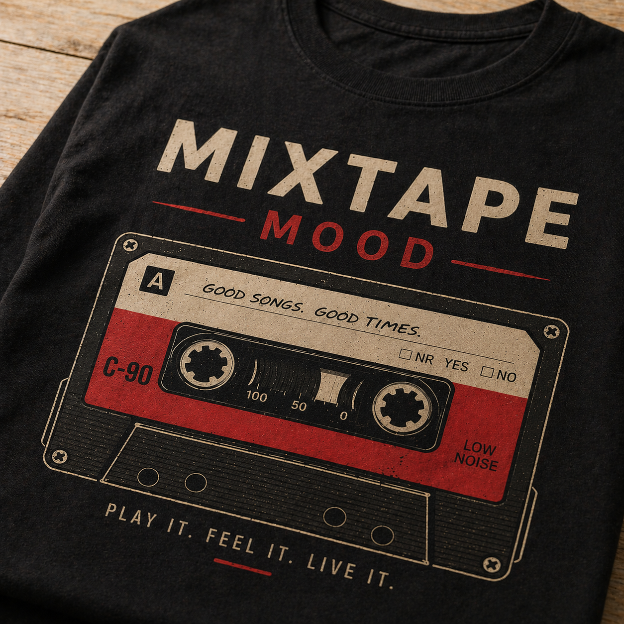 Mixtape Mood cassette graphic t-shirt detail