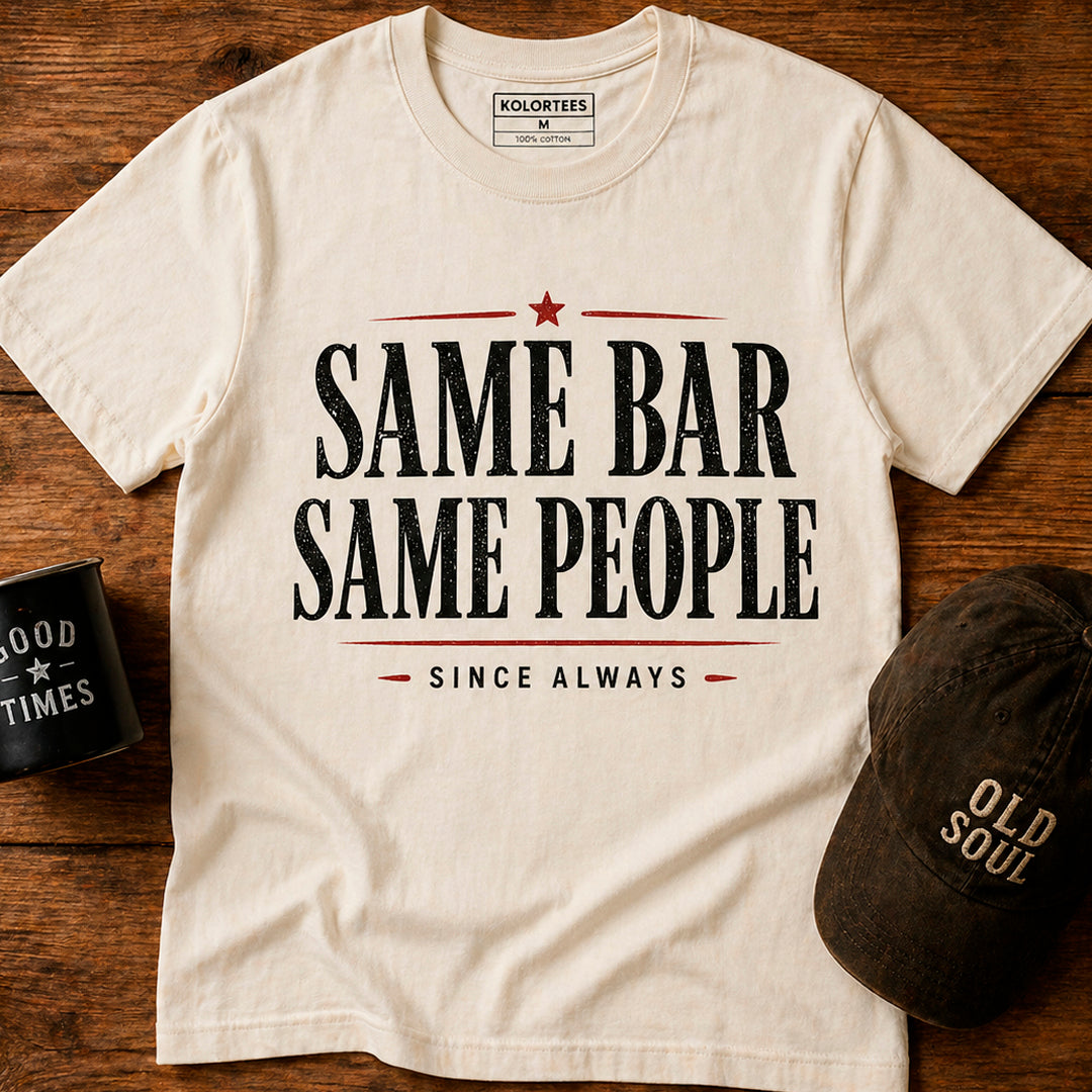 Same Bar Same People vintage t-shirt flat lay wood
