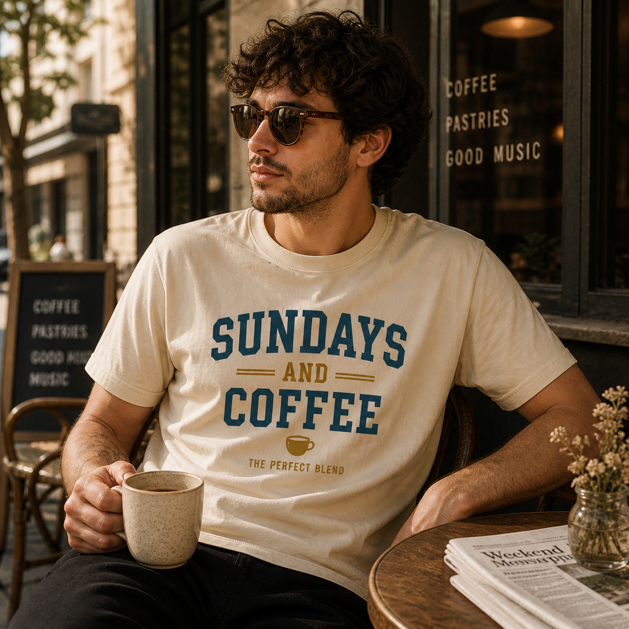camiseta sundays coffee en cafetería outfit casual