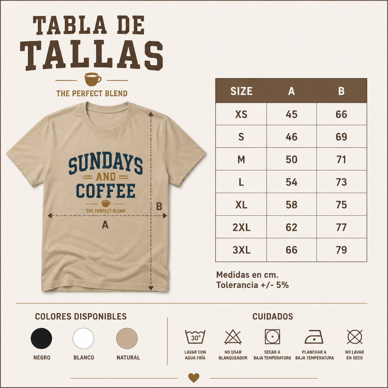 guía de tallas camiseta sundays coffee